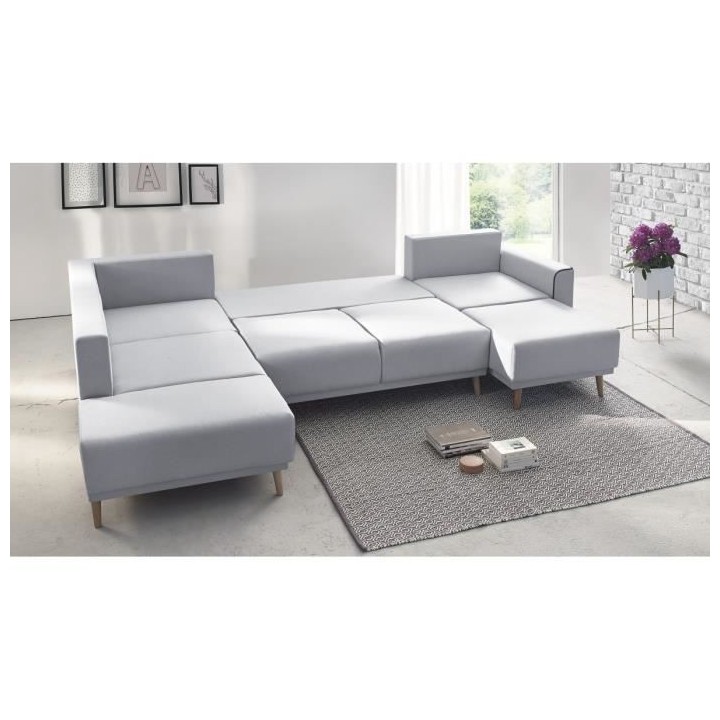 Canapé d'angle droit panoramique convertible - 7 places - Tissu Gris