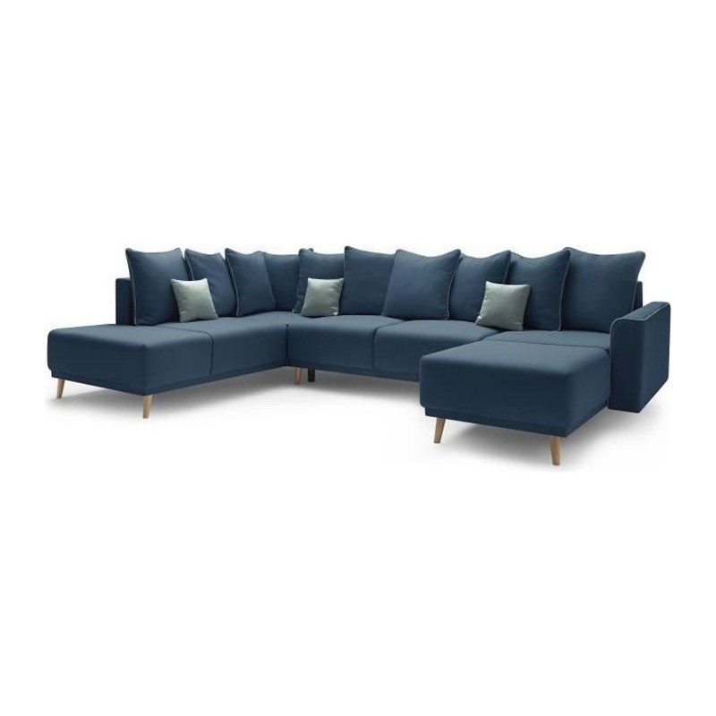 BOBOCHIC Canapé d'angle droit panoramique convertible - Tissu Bleu Navy - L 324 x P 215 x H 90 cm - MOLA