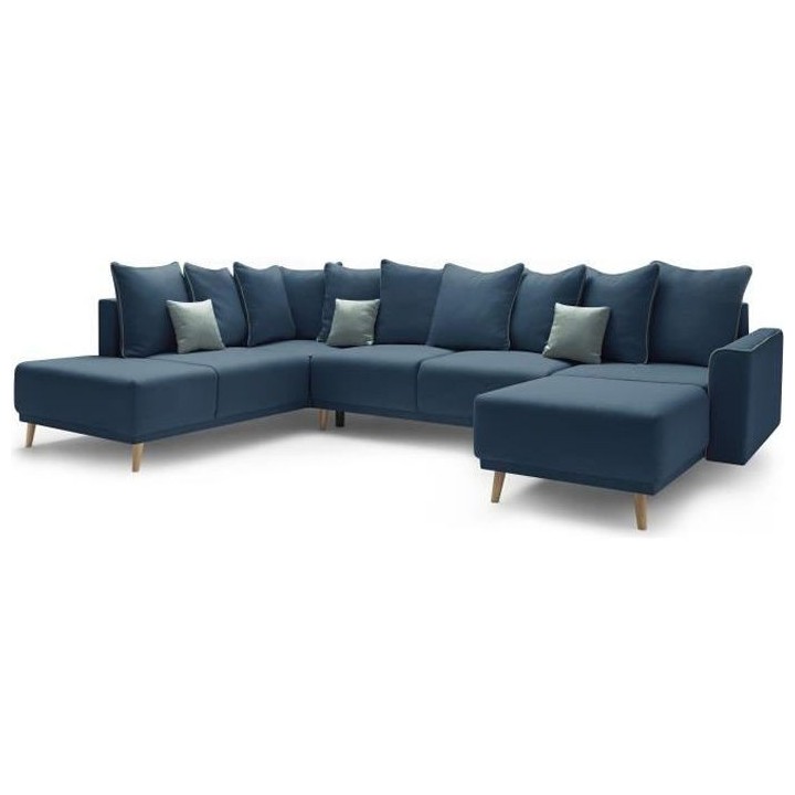 BOBOCHIC Canapé d'angle droit panoramique convertible - Tissu Bleu Na