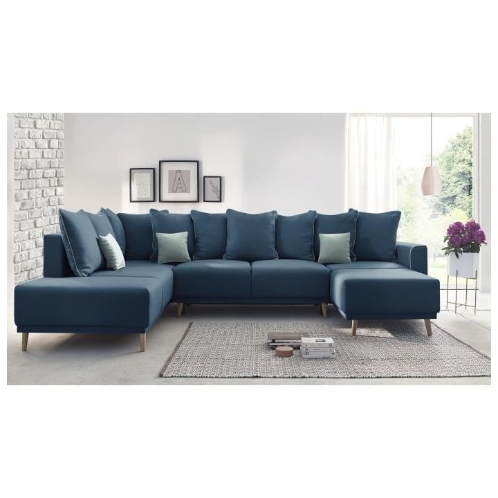 BOBOCHIC Canapé d'angle droit panoramique convertible - Tissu Bleu Na