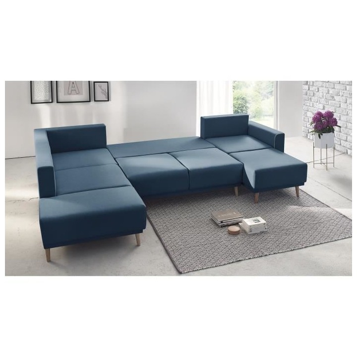 BOBOCHIC Canapé d'angle droit panoramique convertible - Tissu Bleu Na