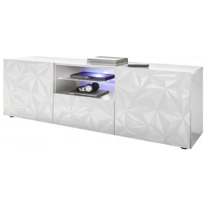 Meuble TV - Blanc Laqué brillant - L 181 x P 43 x H 57cm - PARIGI