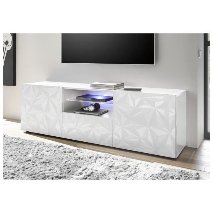 Meuble TV - Blanc Laqué brillant - L 181 x P 43 x H 57cm - PARIGI