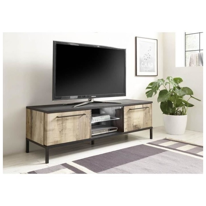 Meuble TV - Noir/Bois Vintage - L 156 x P 51 x H 50 cm - 2 portes - MA