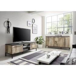 Meuble TV - Noir/Bois Vintage - L 156 x P 51 x H 50 cm - 2 portes - MANTOVA