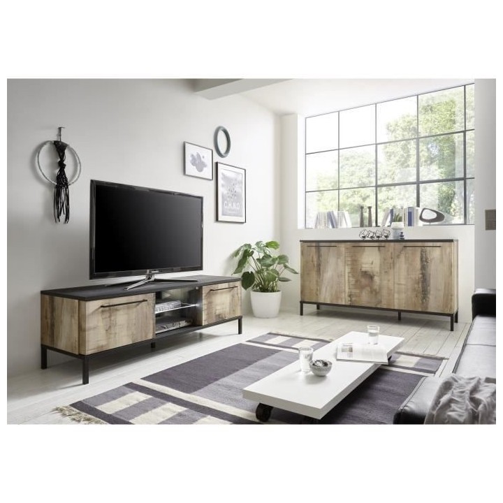 Meuble TV - Noir/Bois Vintage - L 156 x P 51 x H 50 cm - 2 portes - MA