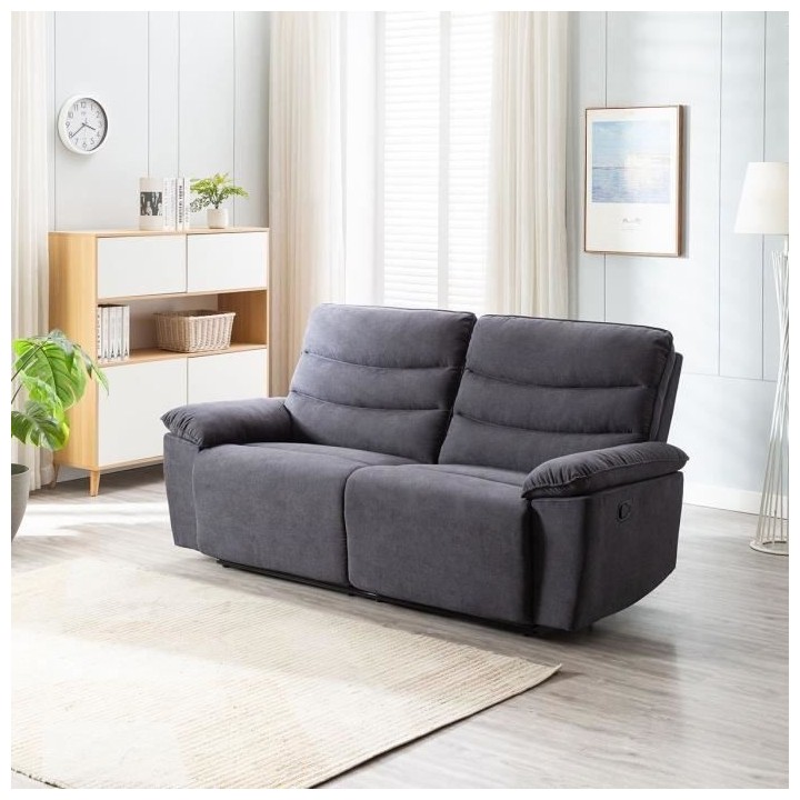 Canapé 3 places relaxation manuelle - Tissu gris - L 215 x P 102 x H