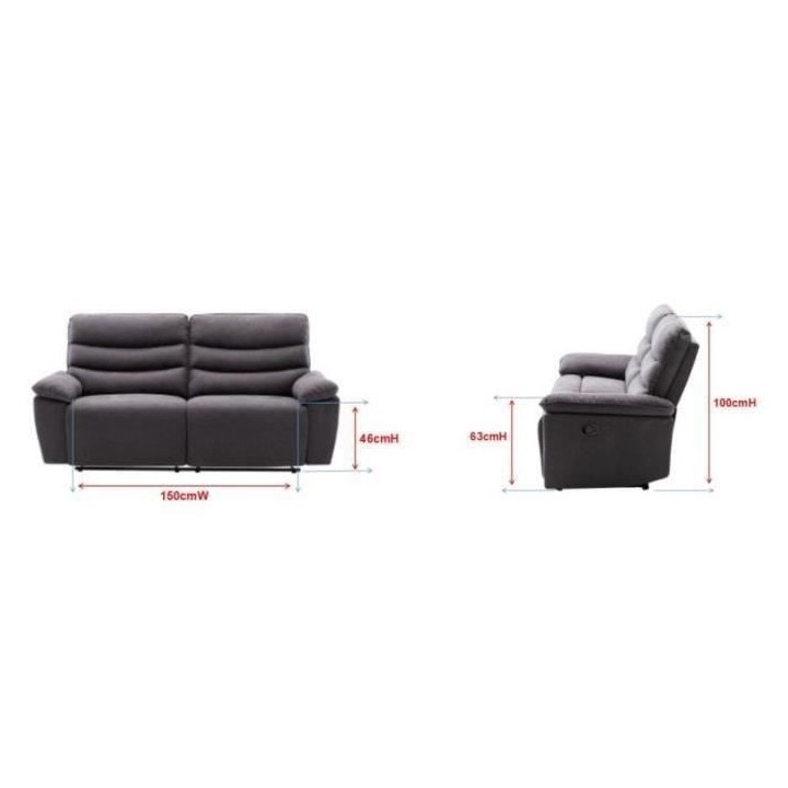 Canapé 3 places relaxation manuelle - Tissu gris - L 215 x P 102 x H