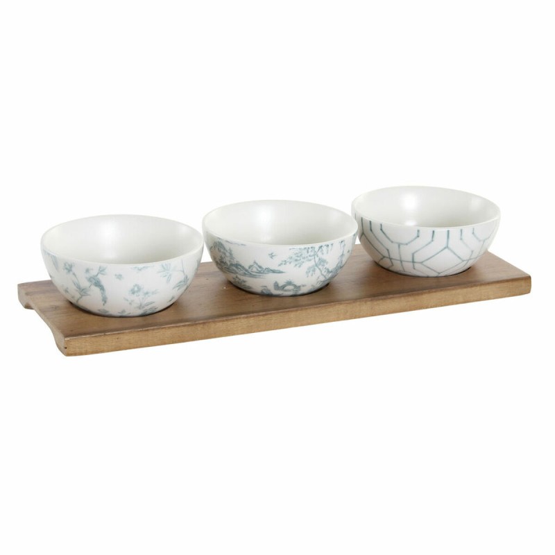 Ensemble à apértif DKD Home Decor Blanc Blue marine Porcelaine Acacia Plastique Oriental 4 Pièces 30 x 9,5 x 1,3 cm