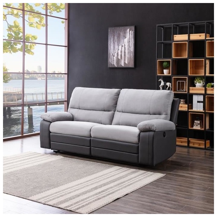 Canapé relax électrique - 3 places - DUSTIN - Tissu et simili gris -
