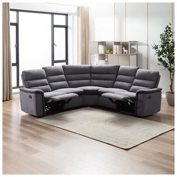 Canapé d'angle - 2 places relax manuels - Tissu gris - L 260 x P 55 x