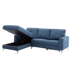 Canapé d'angle gauche relax électrique - 3 places - FRANKLIN - Tissu Bleu - coffre et port USB - L 260 x P 51 x H 90 cm