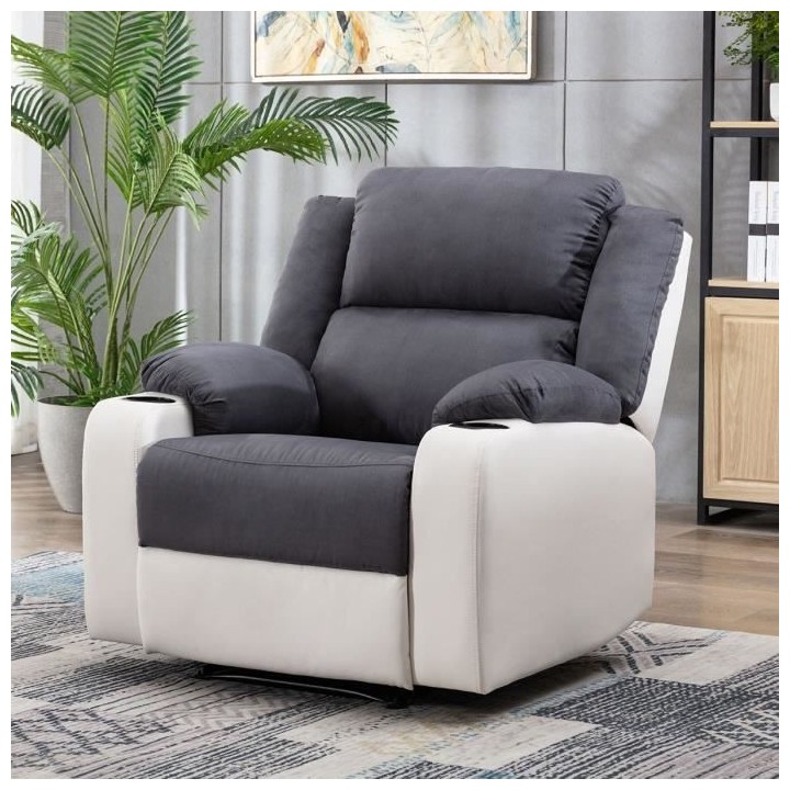 Fauteuil relax manuel + 2 porte-gobelets - Tissu marron - L 93 x P 95