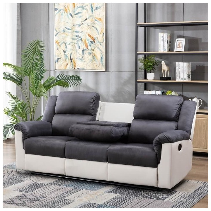 Canapé 3 places dont 2 places relax manuel + Porte-gobelet - Tissu Ma