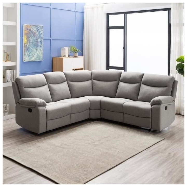 Canapé d'angle dont 2 places relax manuel - Tissu gris - Classique -