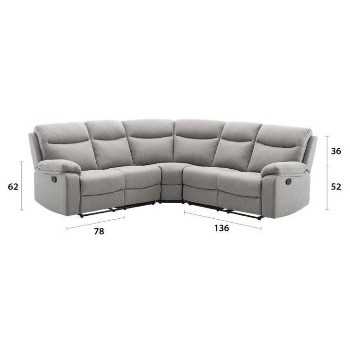 Canapé d'angle dont 2 places relax manuel - Tissu gris - Classique -