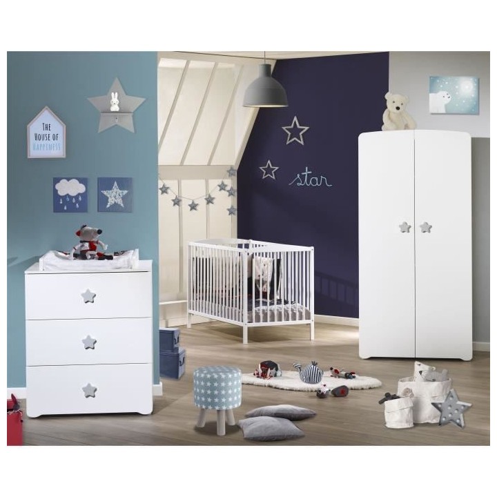 BABY PRICE Commode a langer 3 tiroirs - Boutons étoile gris - New Bas