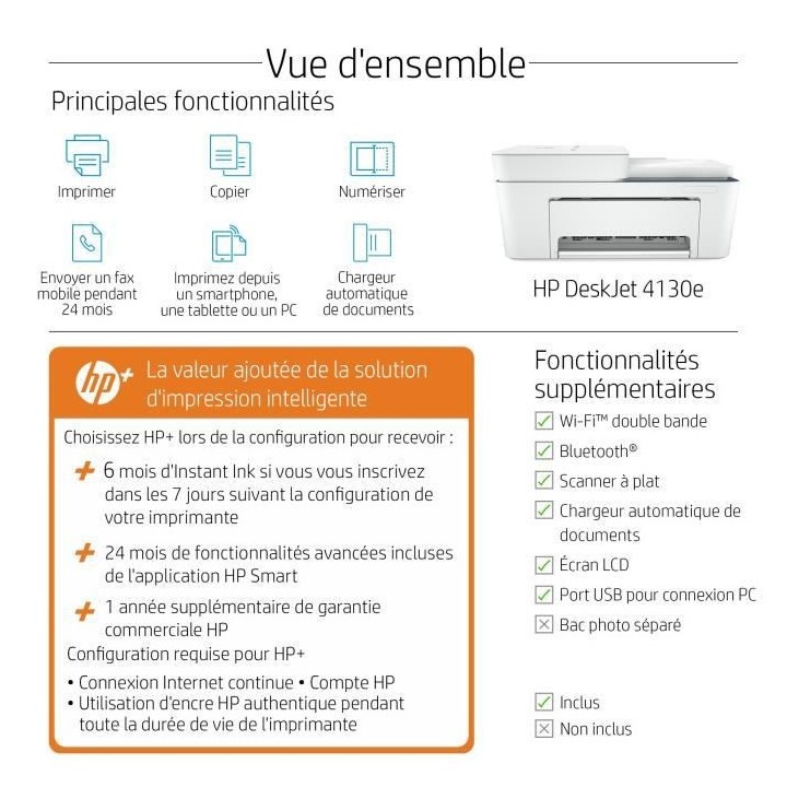 HP Deskjet 4130e Imprimante tout-en-un Jet d'encre couleur Copie Scan