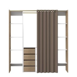 Dressing extensible DRESS- Décor chene et blanc- 8 niches+4 tiroirs+penderie- Rideau chocolat- L 112-185 x P 50 x H 182 cm-SYMB