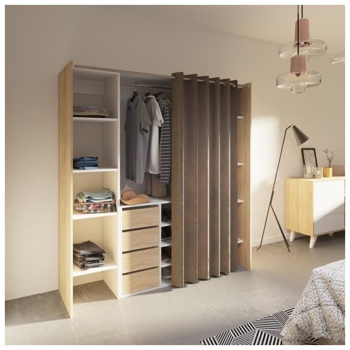 Dressing extensible DRESS- Décor chene et blanc- 8 niches+4 tiroirs+p