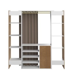 Dressing extensible DRESS- Décor chene et blanc- 8 niches+4 tiroirs+penderie- Rideau chocolat- L 112-185 x P 50 x H 182 cm-SYMB