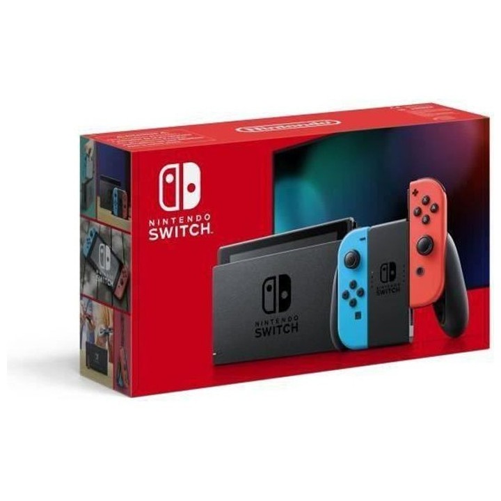 Console Nintendo Switch avec un Joy-Con bleu néon et un Joy-Con rouge