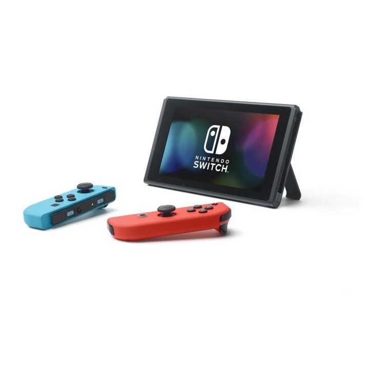 Console Nintendo Switch avec un Joy-Con bleu néon et un Joy-Con rouge