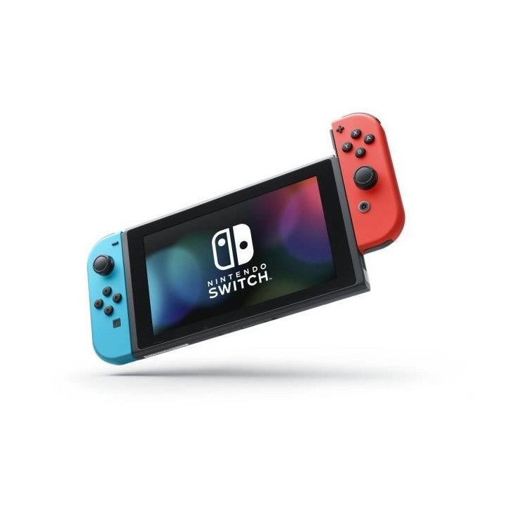 Console Nintendo Switch avec un Joy-Con bleu néon et un Joy-Con rouge