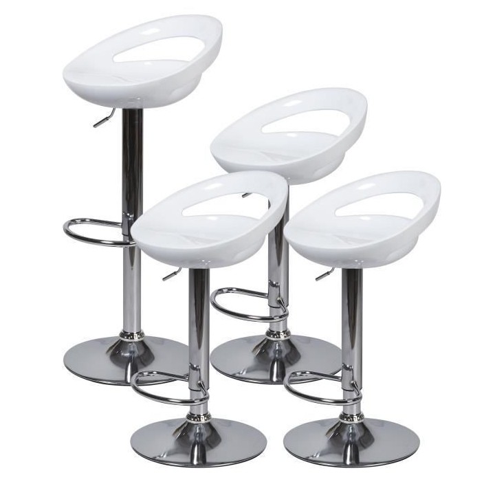 Lot de 4 tabourets de bar télescopique - Blanc - Pieds métal chromé