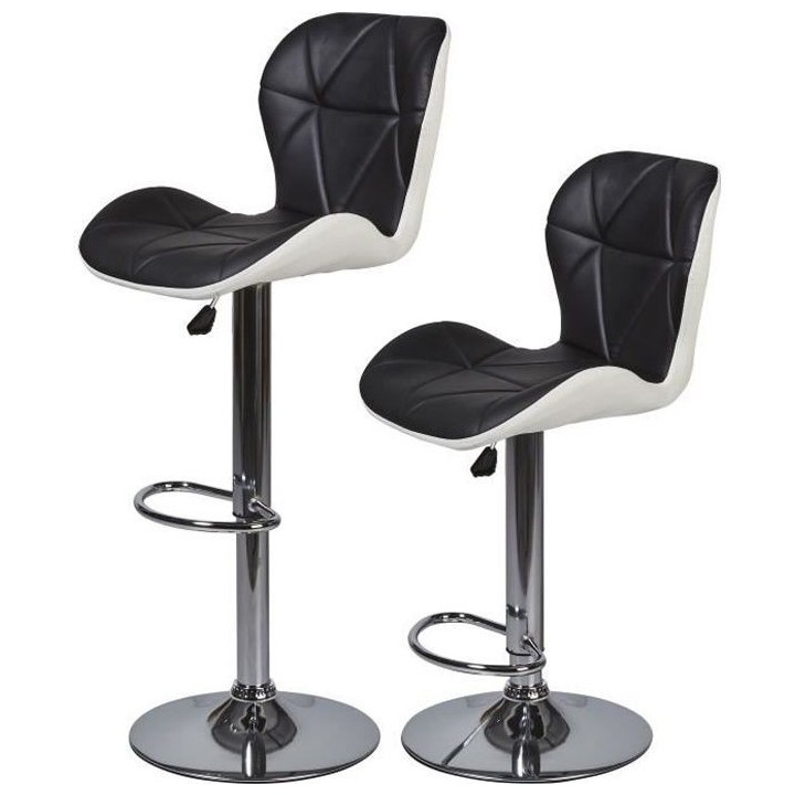 Lot de 2 tabourets de bar télescopique - Simili Noir et blanc - Pieds
