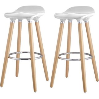 OSLO Lot de 2 tabourets de bar - Blanc laqué + pieds hetre massif - C