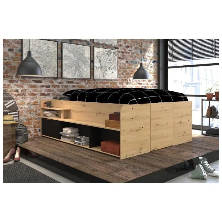 ODYSSEE Lit adulte - 140x200 cm - Avec coffre relevable - Décor chene