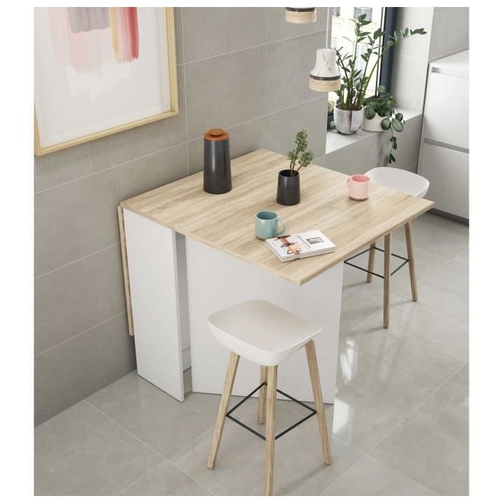 Table de cuisine rabattable FLY - Mélaminé blanc artik et chene - L