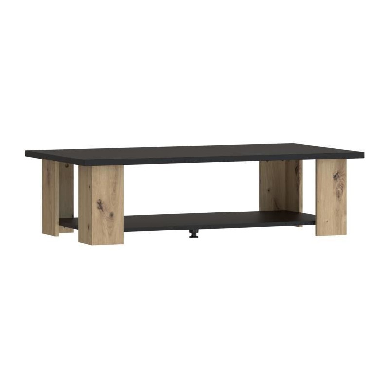 Table basse PILVI 2 Plateaux - Style contemporain - Particules mélaminé - Décor Chene et noir - L 110 x P 60 x H 31 cm