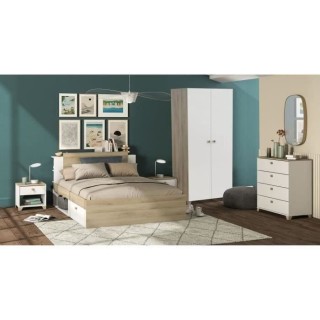 Chambre complete adulte LIFE : Lit + Commode + Armoire - Décor chene