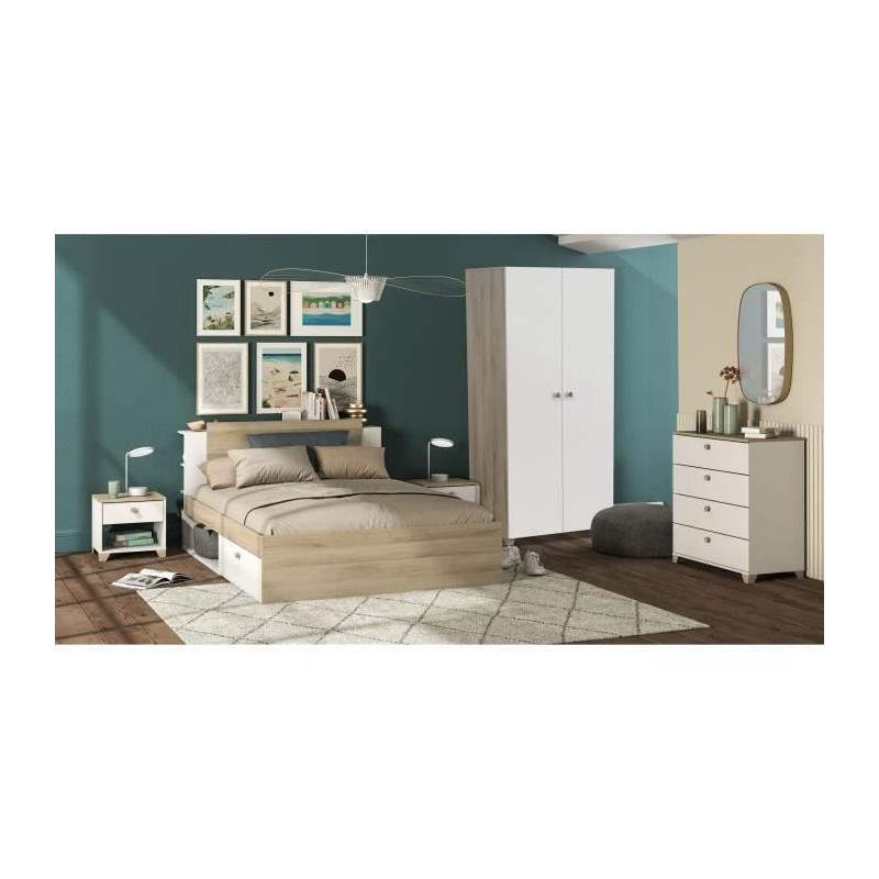 Chambre complete adulte LIFE : Lit + Commode + Armoire - Décor chene et blanc - Fabriqué en France - DEMEYERE