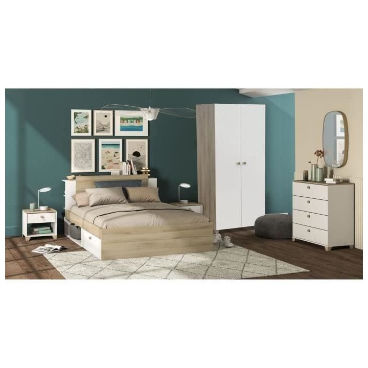 Chambre complete adulte LIFE : Lit + Commode + Armoire - Décor chene
