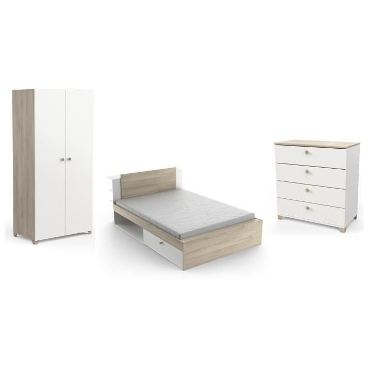 Chambre complete adulte LIFE : Lit + Commode + Armoire - Décor chene