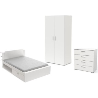 Chambre complete adulte LIFE - Lit + Commode + Armoire - Décor blanc
