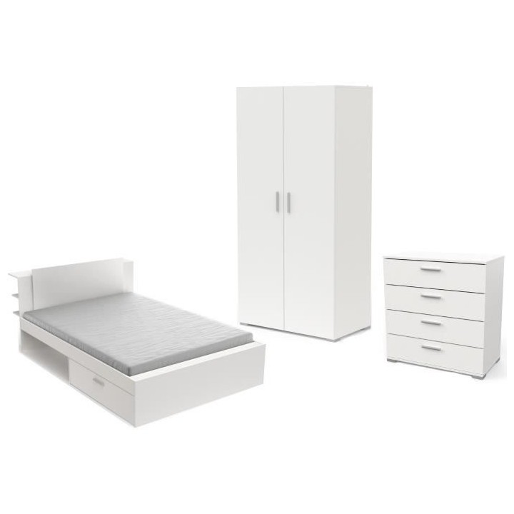 Chambre complete adulte LIFE - Lit + Commode + Armoire - Décor blanc