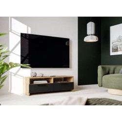 Meuble TV PILVI - Style contemporain - Décor Chene et Noir - 2 Abattants + 2 niches - L 95 x P 36 x H 34,5 cm