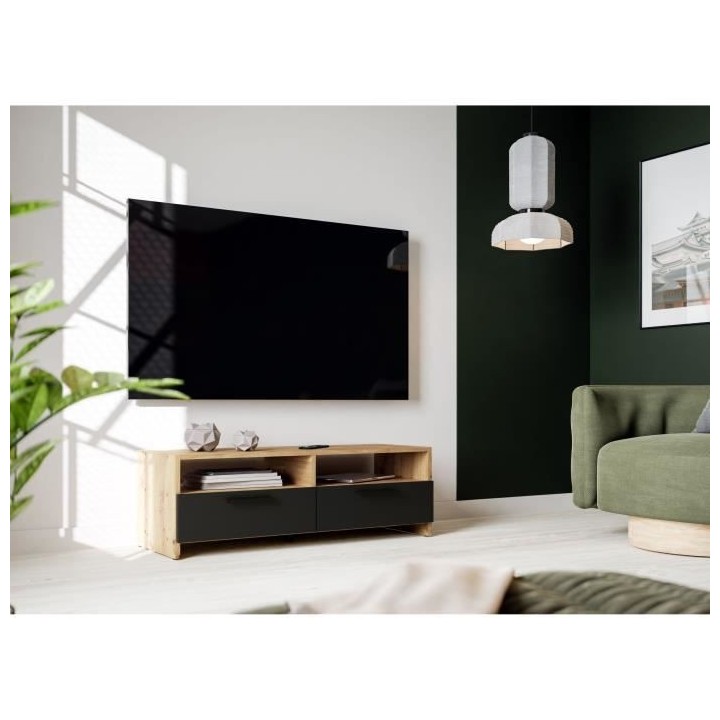 Meuble TV PILVI - Style contemporain - Décor Chene et Noir - 2 Abatta