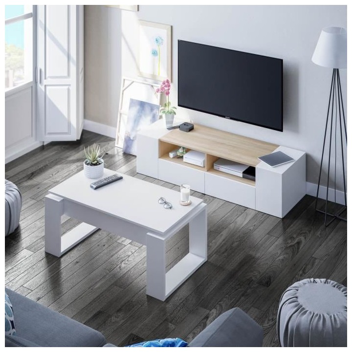 Table basse relevable - Mélaminé blanc - L 105 x P 55 x H 45 cm NOVA