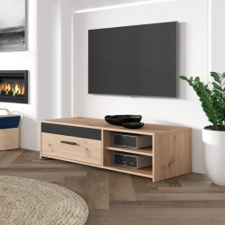 Meuble TV PILVI - Style contemporain - Décor Chene - 1 Abattant + 2 niches - L 120 x P 42 x H 32 cm