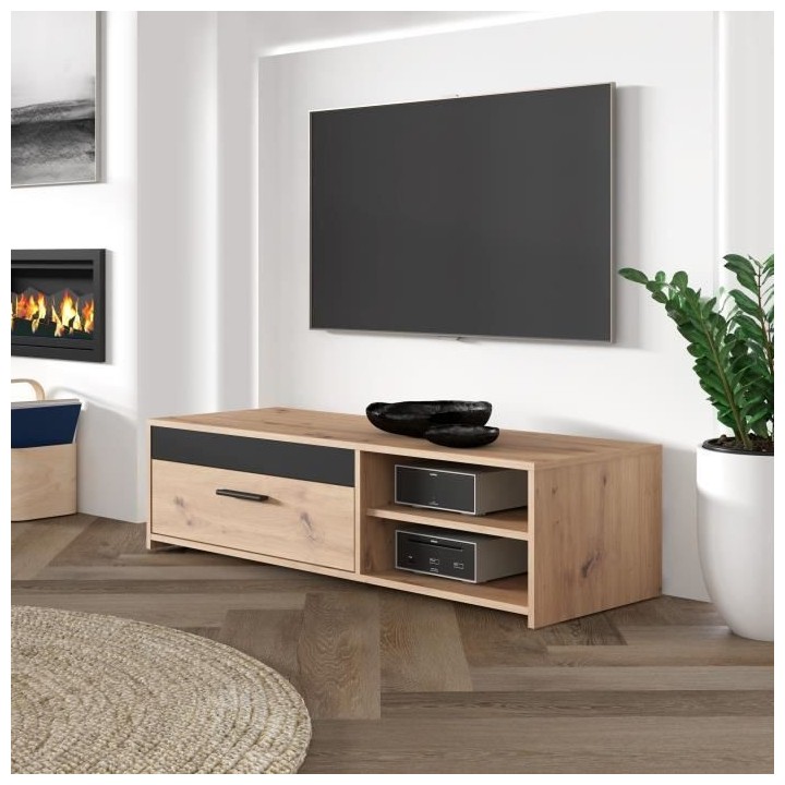 Meuble TV PILVI - Style contemporain - Décor Chene - 1 Abattant + 2 n