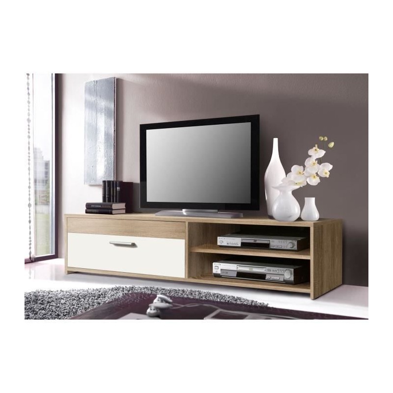 Meuble TV PILVI - Style contemporain - Particules mélaminé - Décor Chene et blanc - 1 Abattant + 2 niches - L 120 x P 42 x H