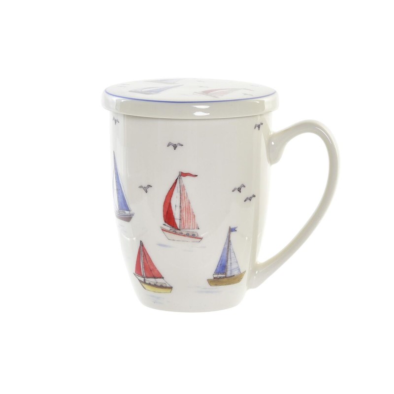 Tasse avec filtre pour infusions DKD Home Decor Voilier Bleu Blanc Rouge Acier inoxydable Porcelaine Voiliers méditerranéen 380 