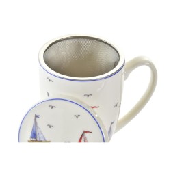 Tasse avec filtre pour infusions DKD Home Decor Voilier Bleu Blanc Rouge Acier inoxydable Porcelaine Voiliers méditerranéen 380 