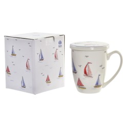 Tasse avec filtre pour infusions DKD Home Decor Voilier Bleu Blanc Rouge Acier inoxydable Porcelaine Voiliers méditerranéen 380 