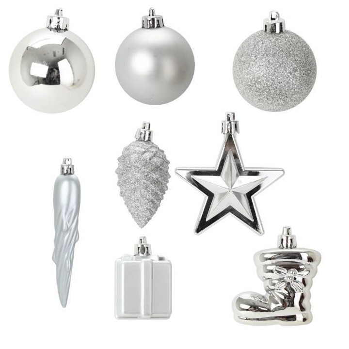 Lot de 20 boules de Noël + 20 suspensions de Noël - Ø 6 cm - Argent
